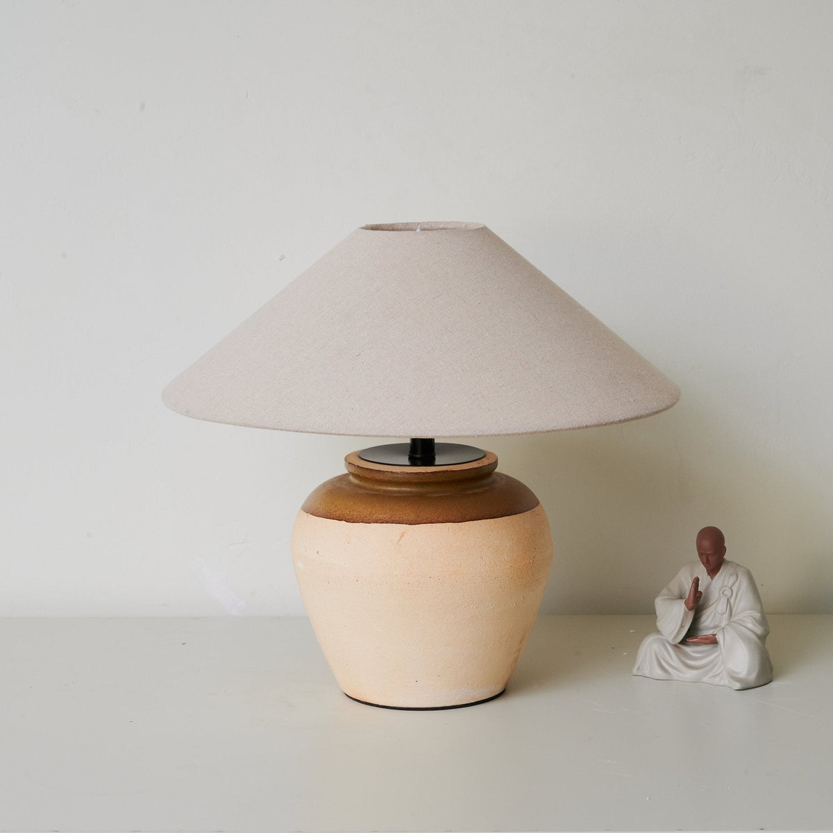 Two Tone Ceramic Table Lamp Beige Base Linen Shade 15.7 in Set of 3
