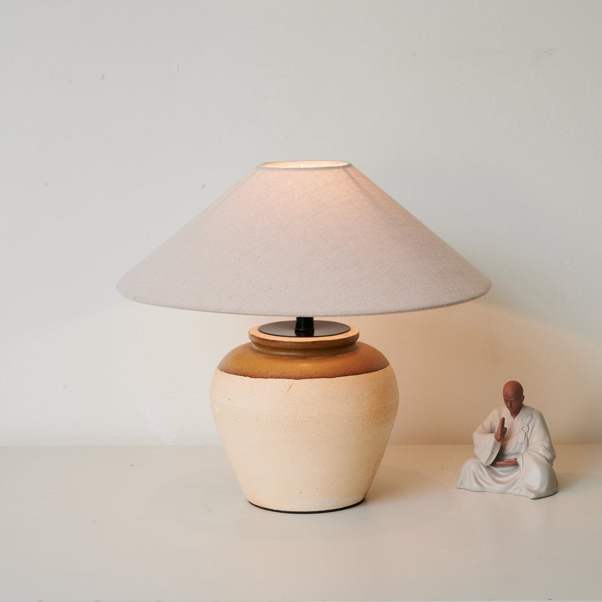 Two Tone Ceramic Table Lamp Beige Base Linen Shade 15.7 in Set of 3