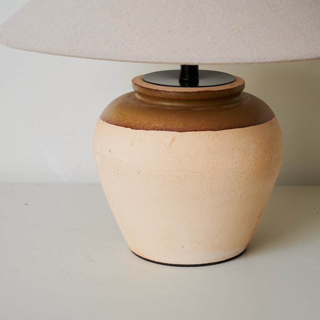 Two Tone Ceramic Table Lamp Beige Base Linen Shade 15.7 in Set of 3