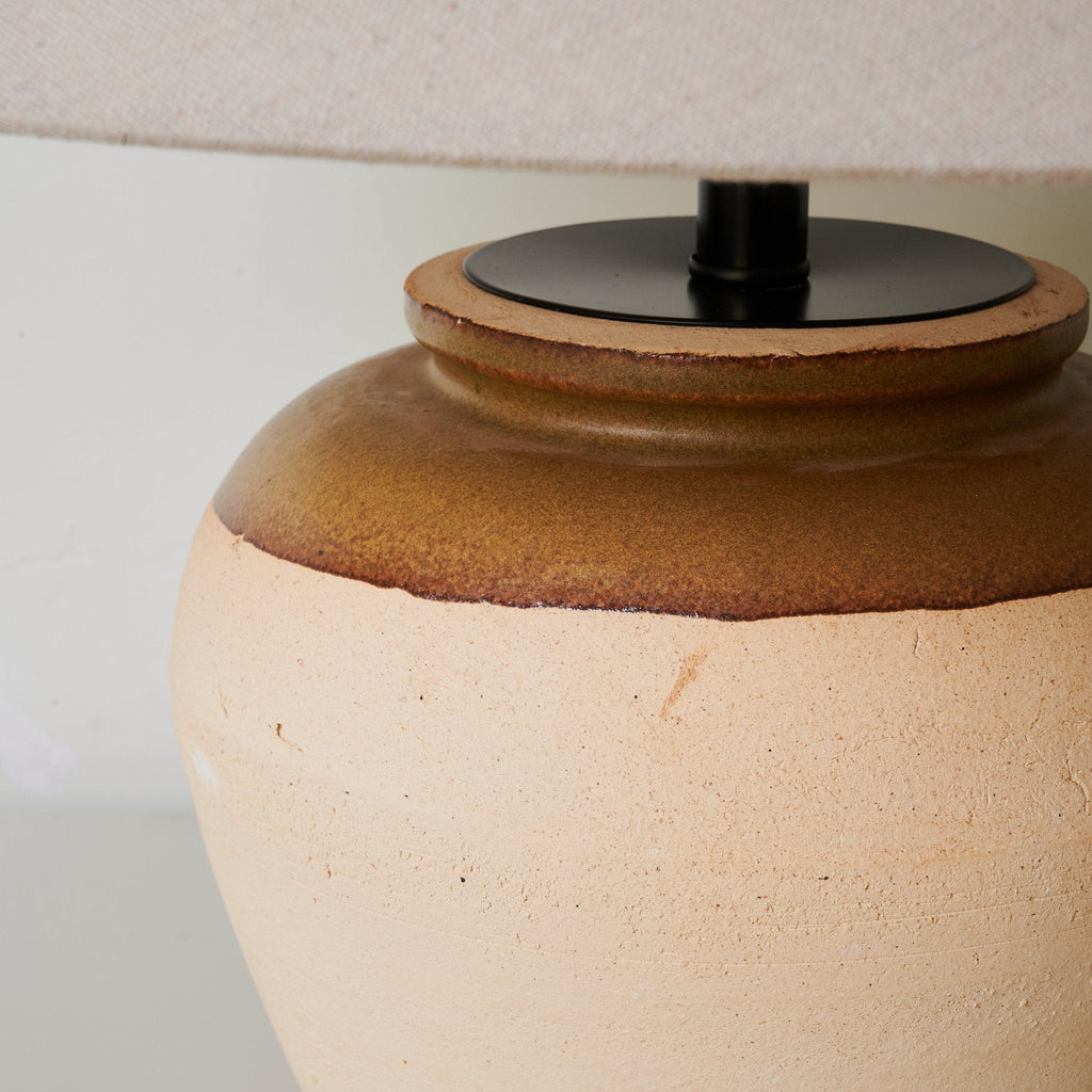 Two Tone Ceramic Table Lamp Beige Base Linen Shade 15.7 in Set of 3