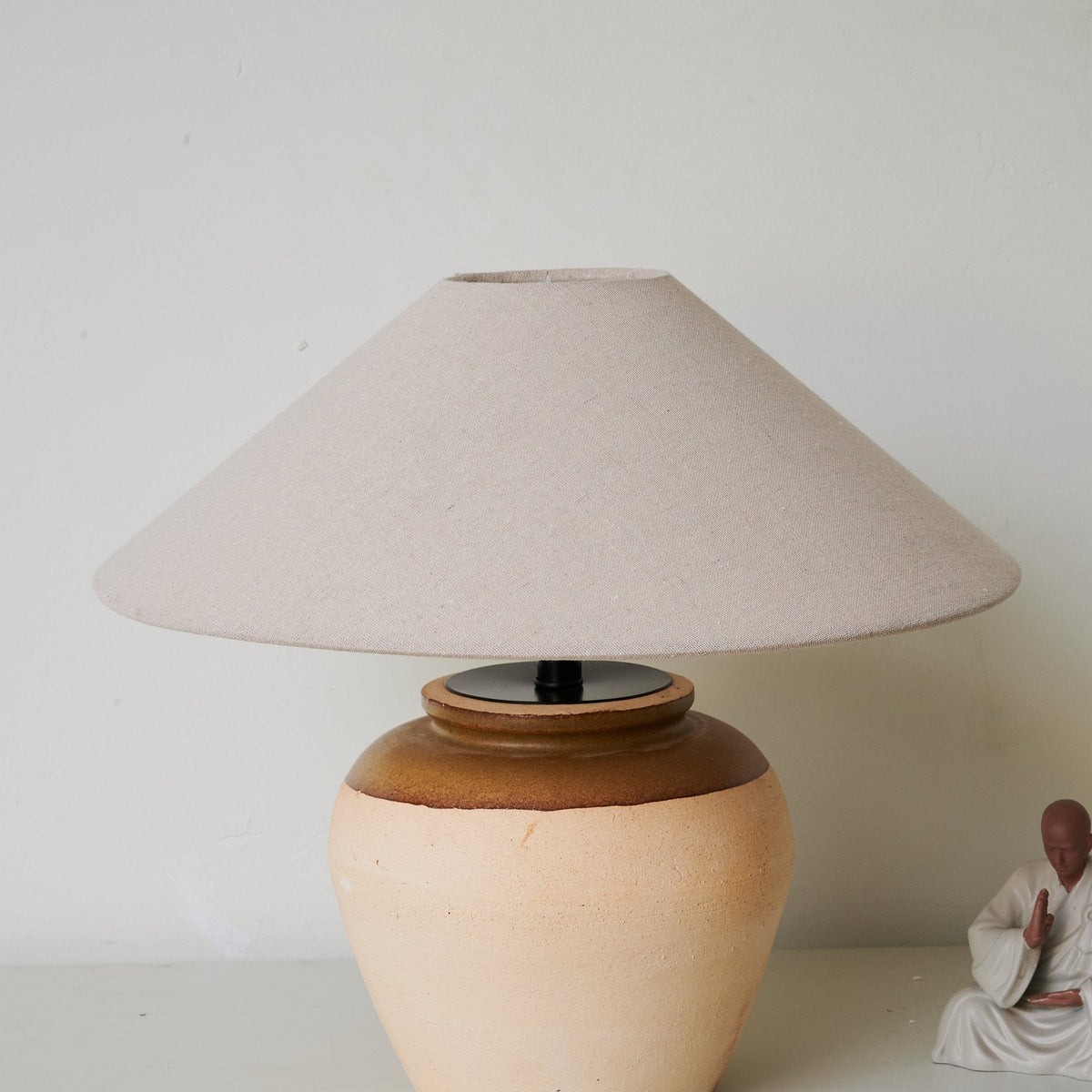 Two Tone Ceramic Table Lamp Beige Base Linen Shade 15.7 in Set of 3