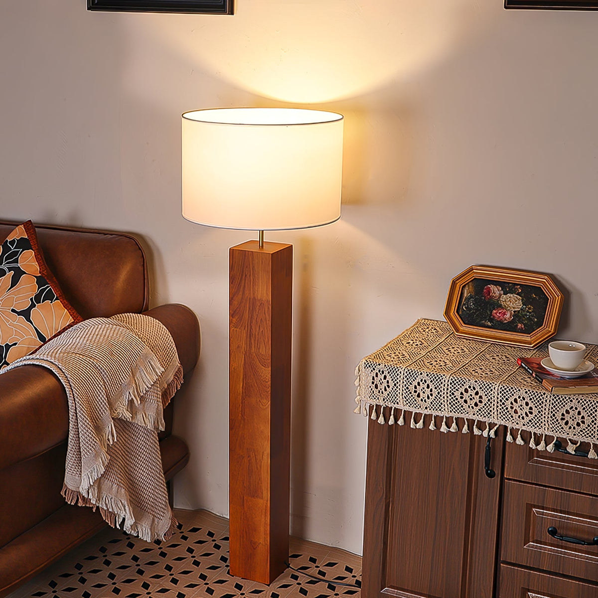 Walnut Wood Column Floor Lamp White Drum Shade 47.2 in