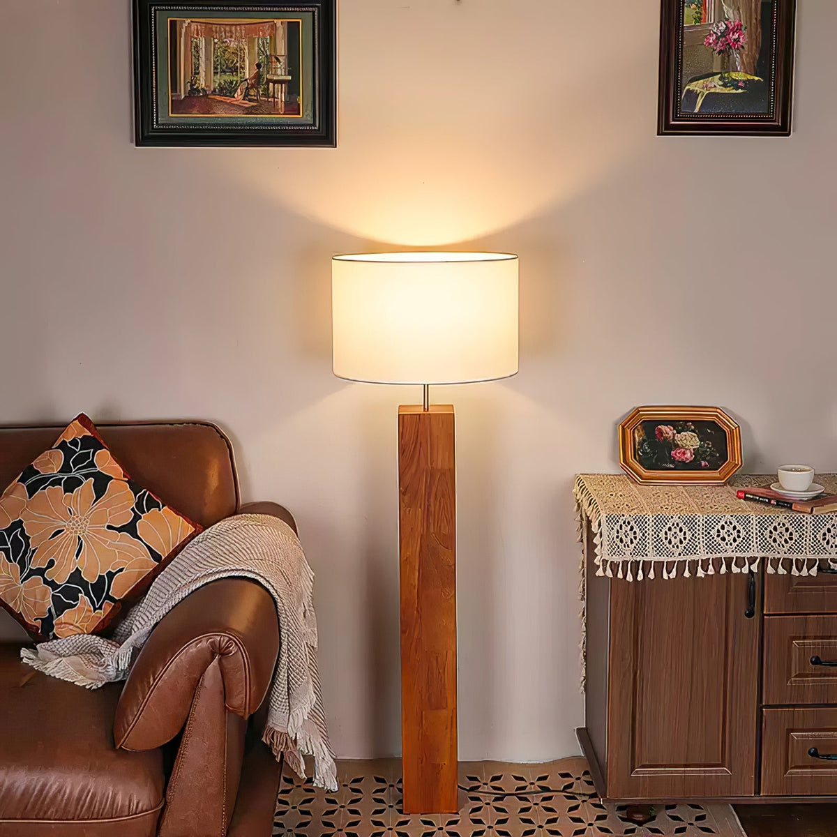 Walnut Wood Column Floor Lamp White Drum Shade 47.2 in
