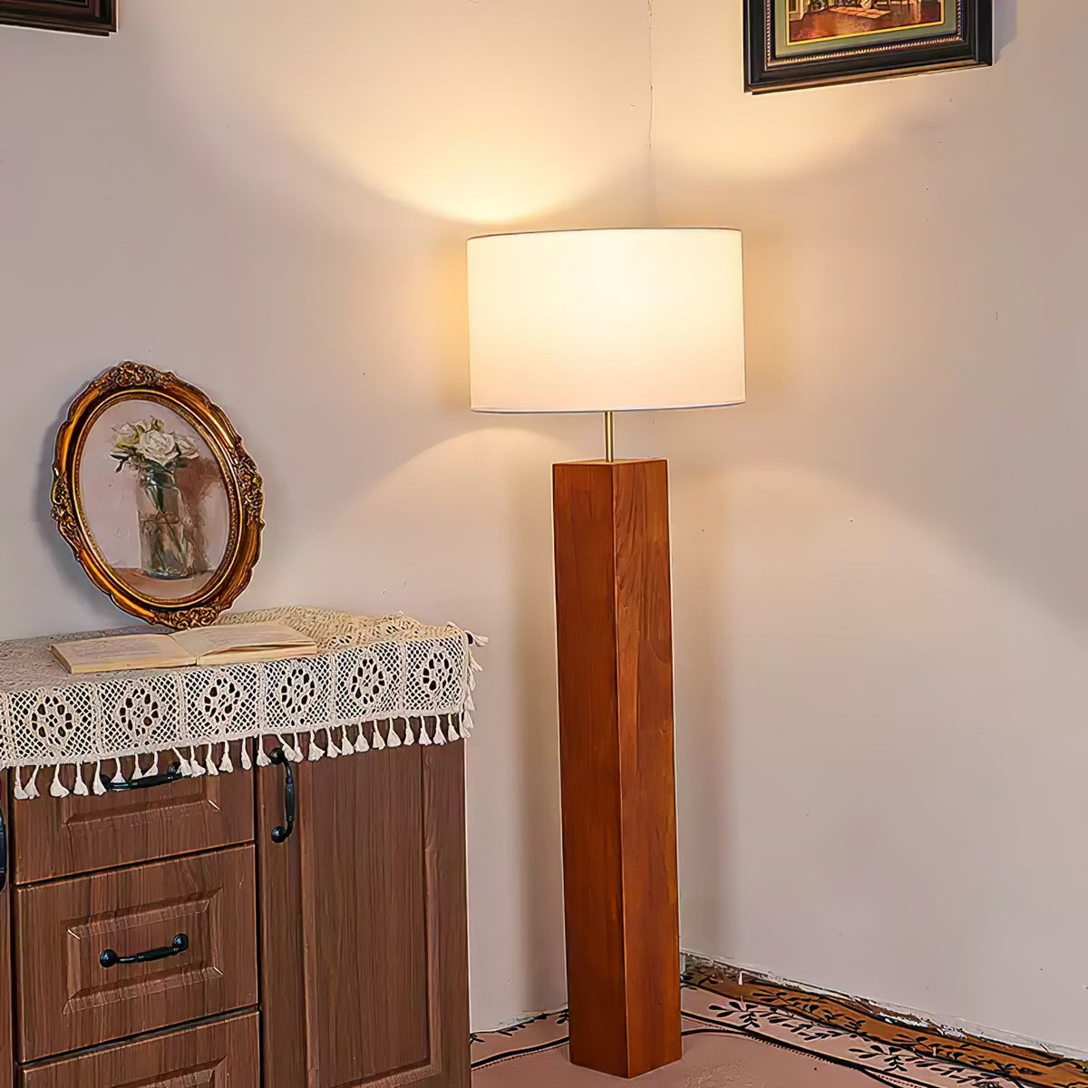 Walnut Wood Column Floor Lamp White Drum Shade 47.2 in