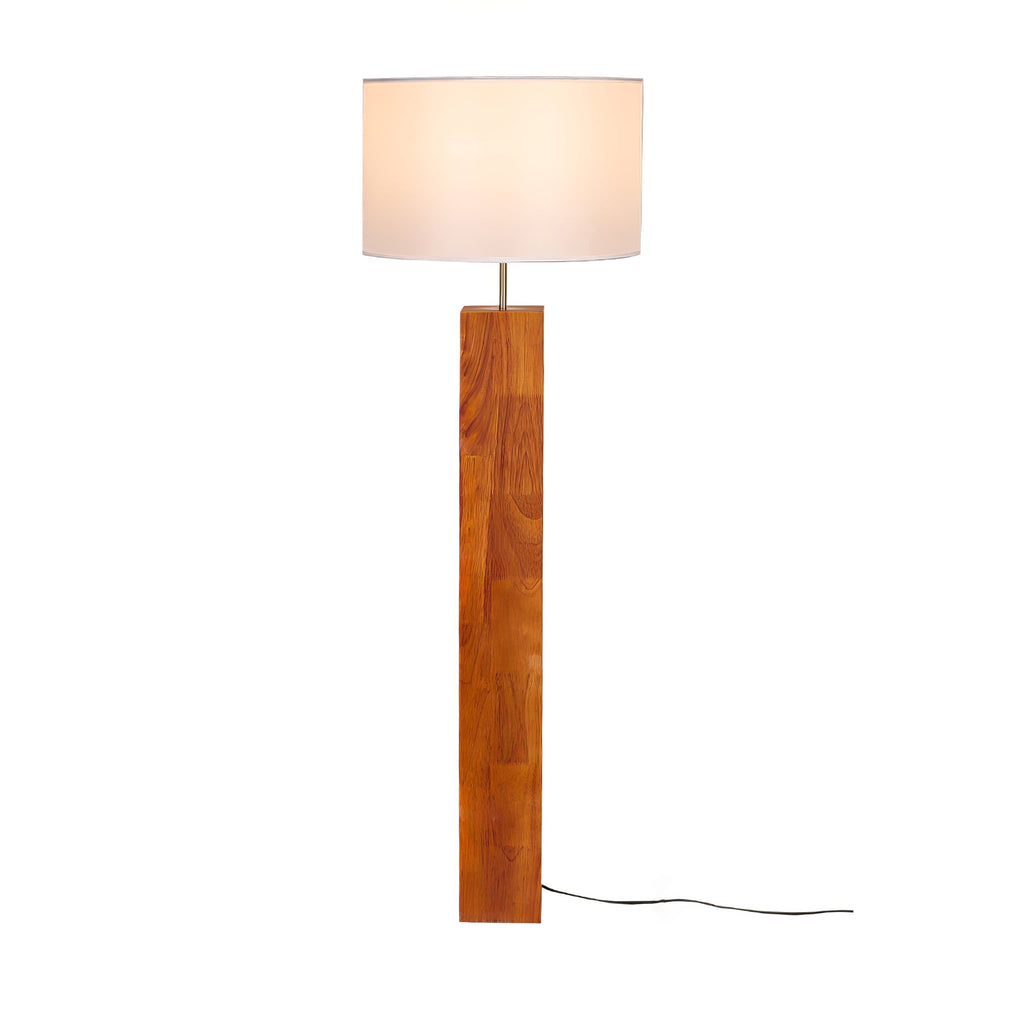 Walnut Wood Column Floor Lamp White Drum Shade 47.2 in