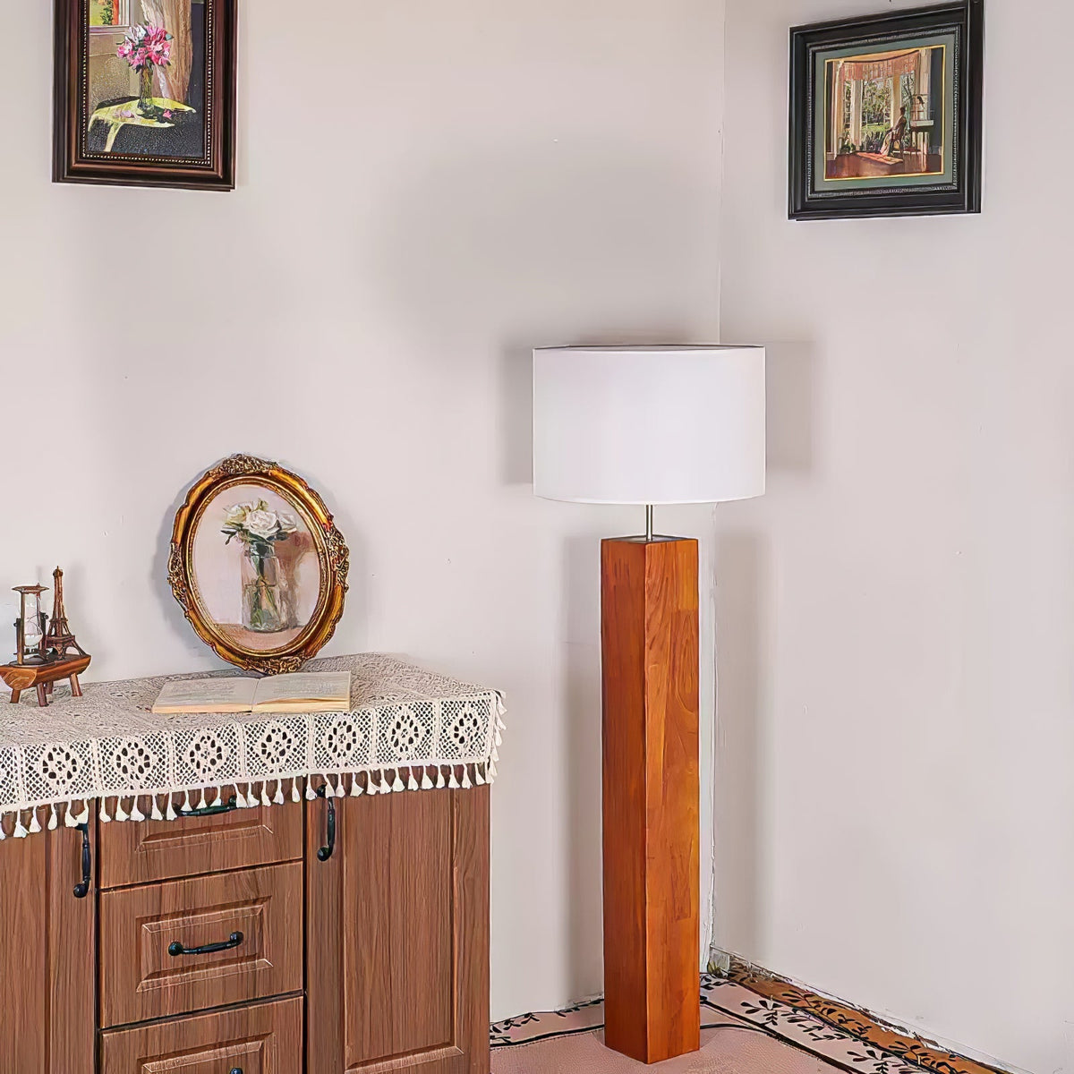Walnut Wood Column Floor Lamp White Drum Shade 47.2 in