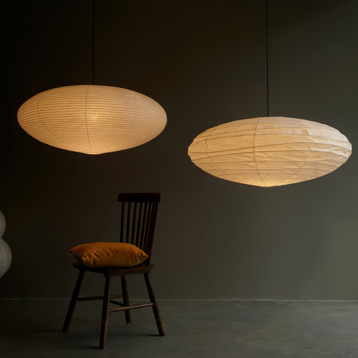 Washi Paper Pendant Light Wide Oval Shade White 17.7 in