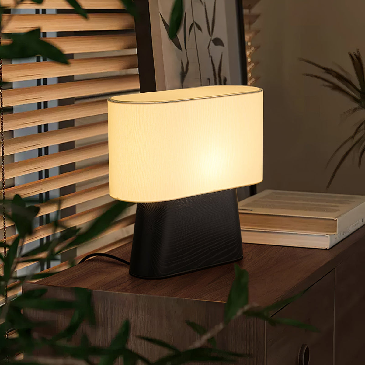 Wood Base Table Lamp Oval White Fabric Shade 14.2 in Set of 3