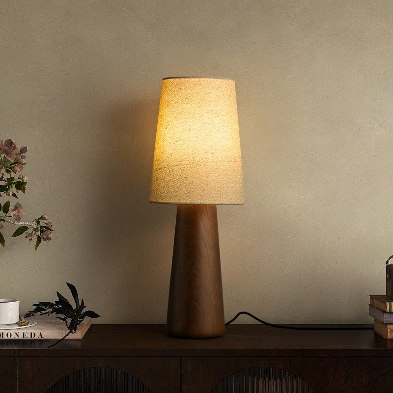 Wood Base Table Lamp White Fabric Shade 5.9 x 14.9 in
