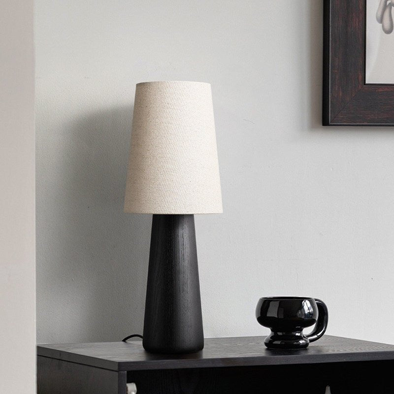 Wood Base Table Lamp White Fabric Shade 5.9 x 14.9 in
