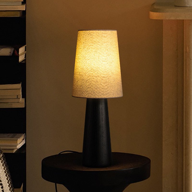 Wood Base Table Lamp White Fabric Shade 5.9 x 14.9 in