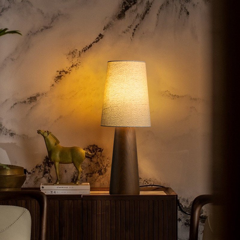 Wood Base Table Lamp White Fabric Shade 5.9 x 14.9 in