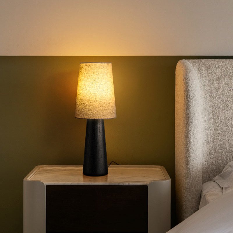 Wood Base Table Lamp White Fabric Shade 5.9 x 14.9 in