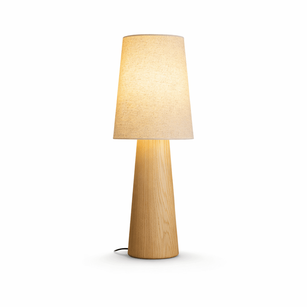 Wood Base Table Lamp White Fabric Shade 5.9 x 14.9 in