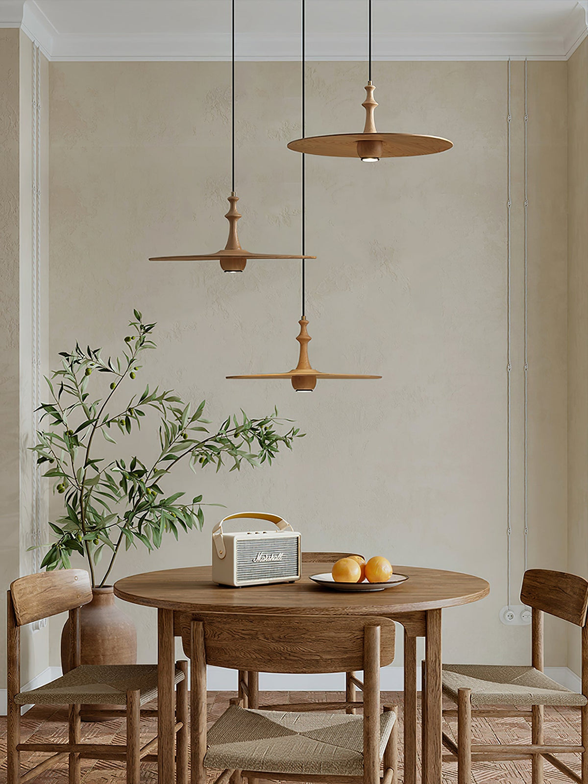 Wood Disc Pendant Light Turned Stem 17.7 in Set of 3