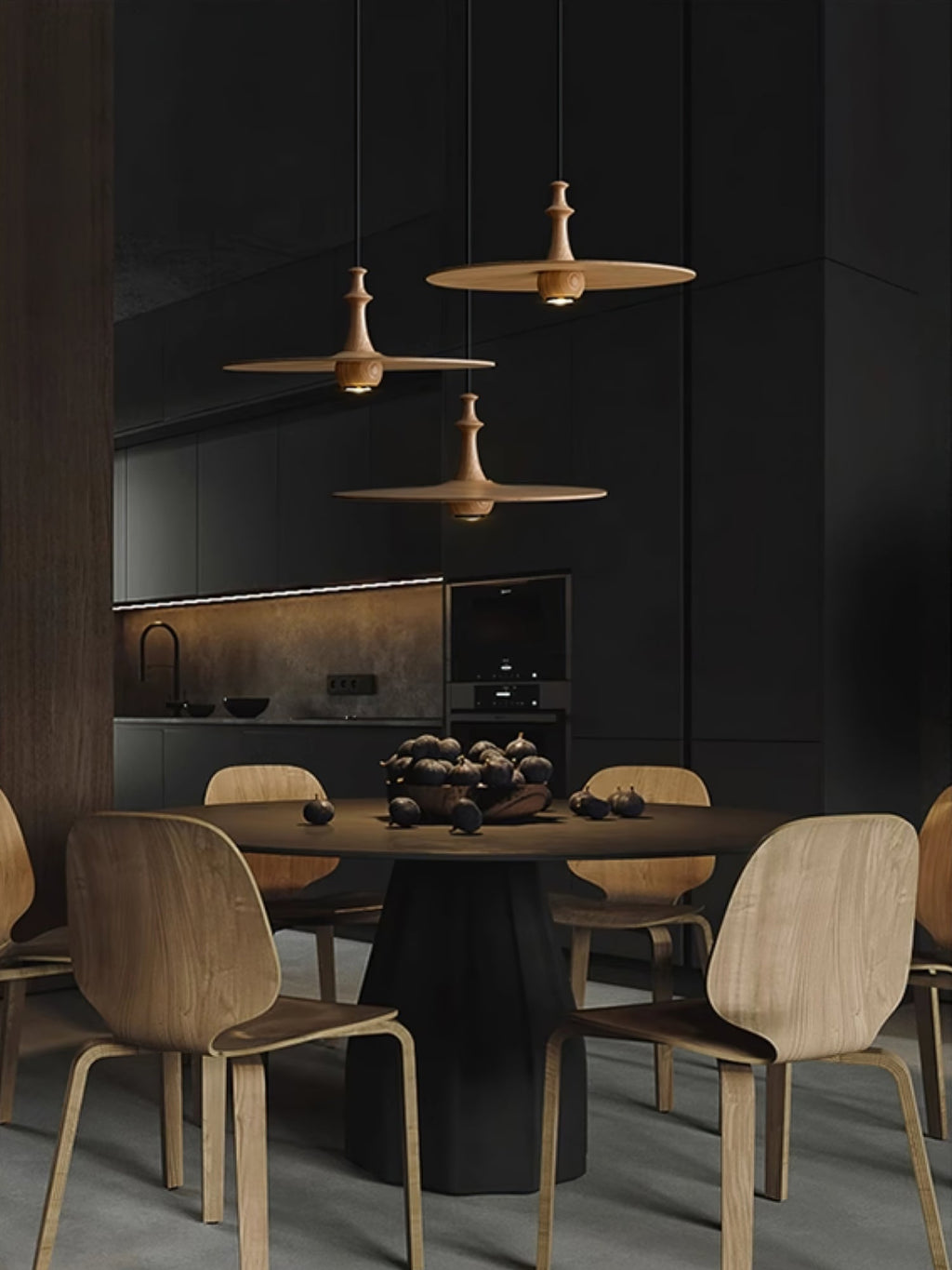 Wood Disc Pendant Light Turned Stem 17.7 in Set of 3