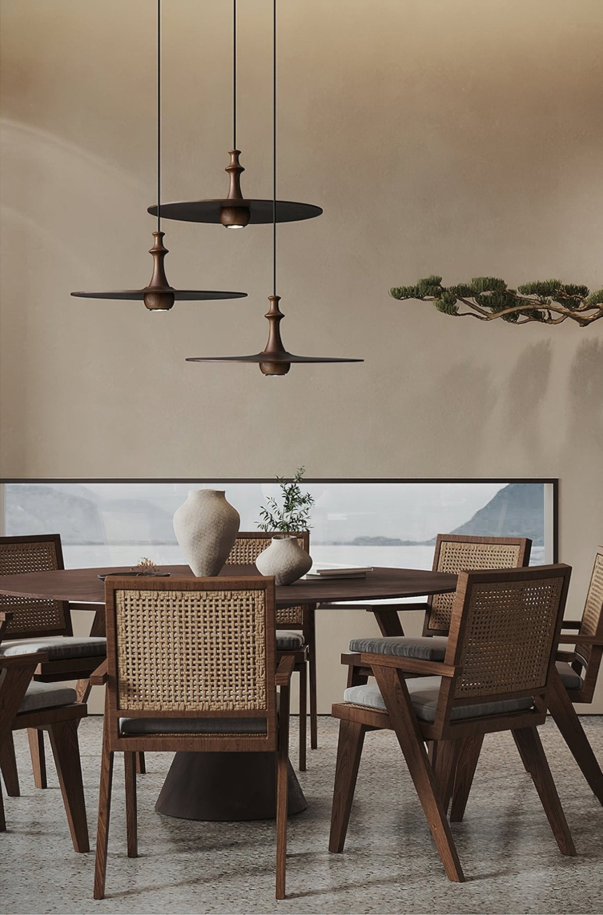 Wood Disc Pendant Light Turned Stem 17.7 in Set of 3