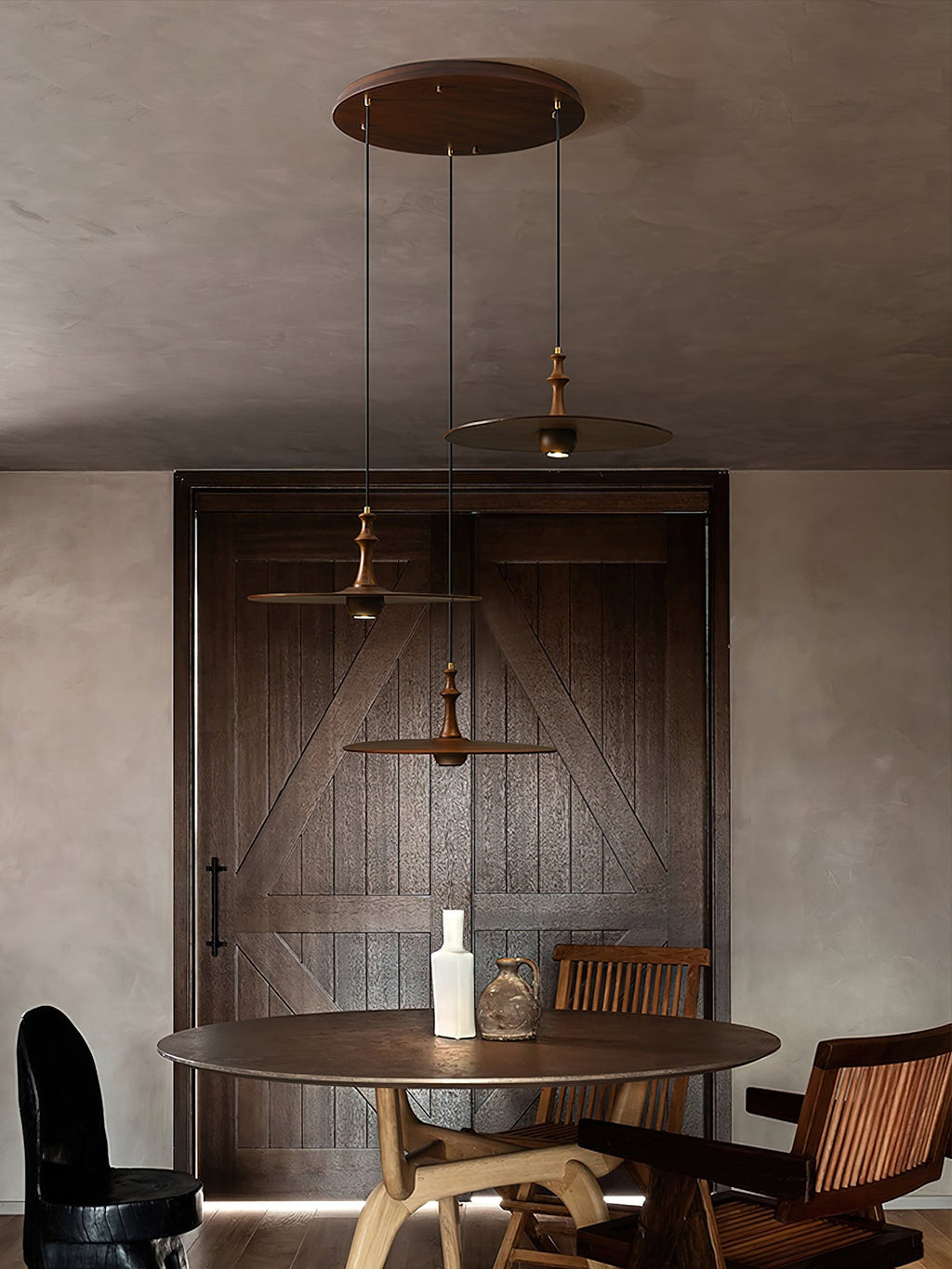Wood Disc Pendant Light Turned Stem 17.7 in Set of 3