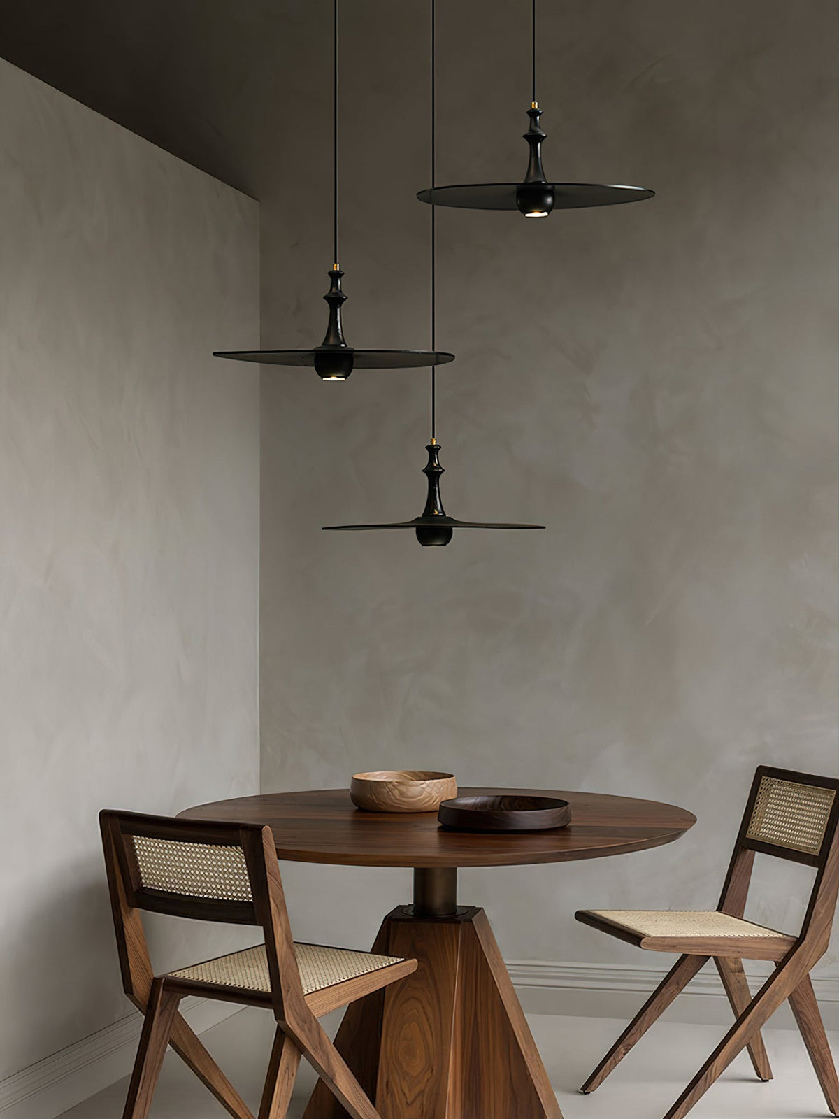 Wood Disc Pendant Light Turned Stem 17.7 in Set of 3