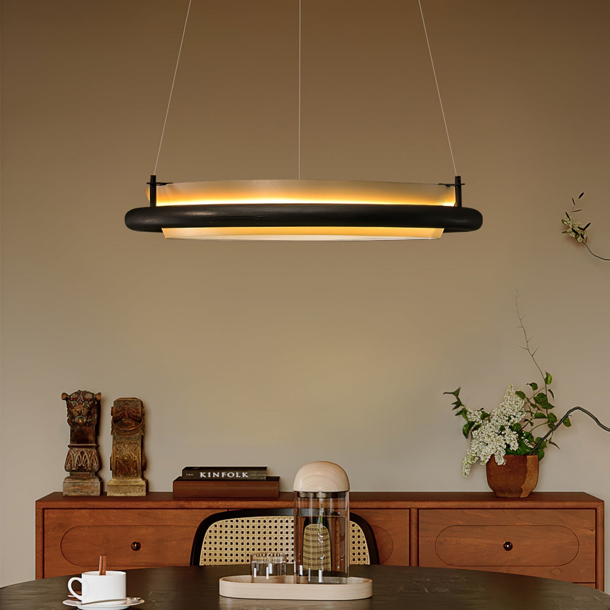 Wood Ring LED Pendant Light White Fabric Diffuser 23.6 in Set of 3