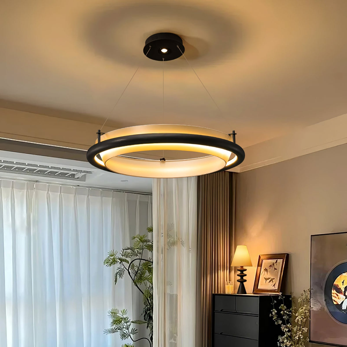 Wood Ring LED Pendant Light White Fabric Diffuser 23.6 in Set of 3