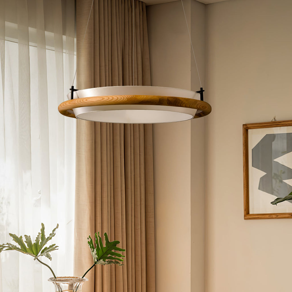 Wood Ring LED Pendant Light White Fabric Diffuser 23.6 in Set of 3