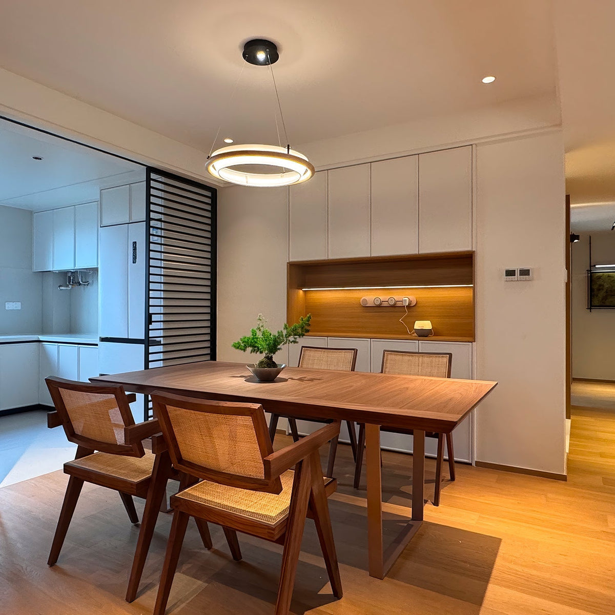 Wood Ring LED Pendant Light White Fabric Diffuser 23.6 in Set of 3