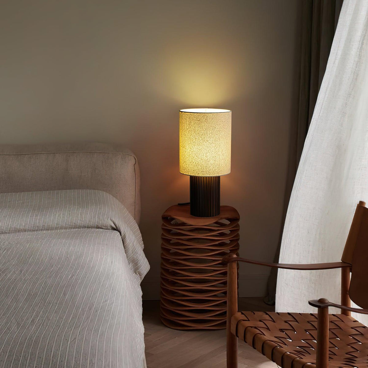 Wood Table Lamp Cylinder Fabric Shade 7.9 x 16.1 in Set of 2