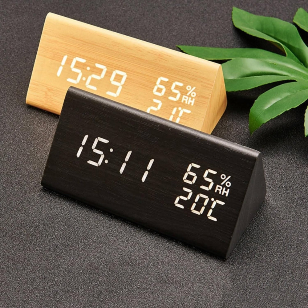 Digital Alarm Clock LED Triangle Design 3 Alarms Wood Texture