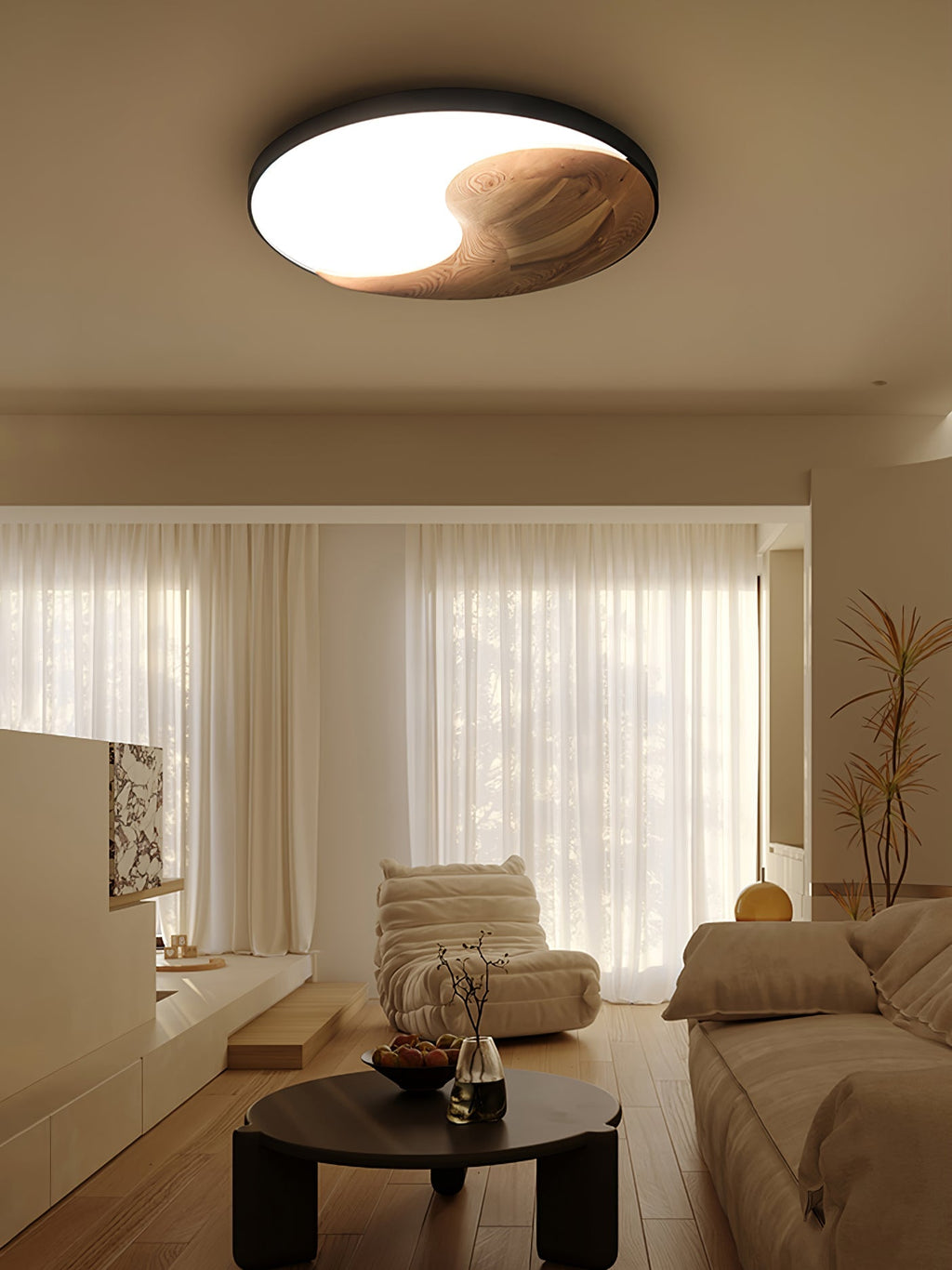 Yin and Yang Wood Flush Ceiling Light 25.6 in Set of 3